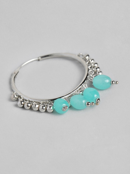 Silver Plated Blue Beads Embellished Hoop Earrings side view