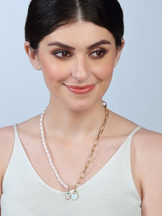 Gold-Plated & White Brass Layered Necklace With Model