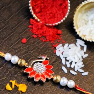 Accessher Traditional Gold Plated Semi Precious Enamel Peacock Rakhi for Beloved Brother Pack of 1 with Roli Kumkum Packets and Happy Rakshabandhan Card