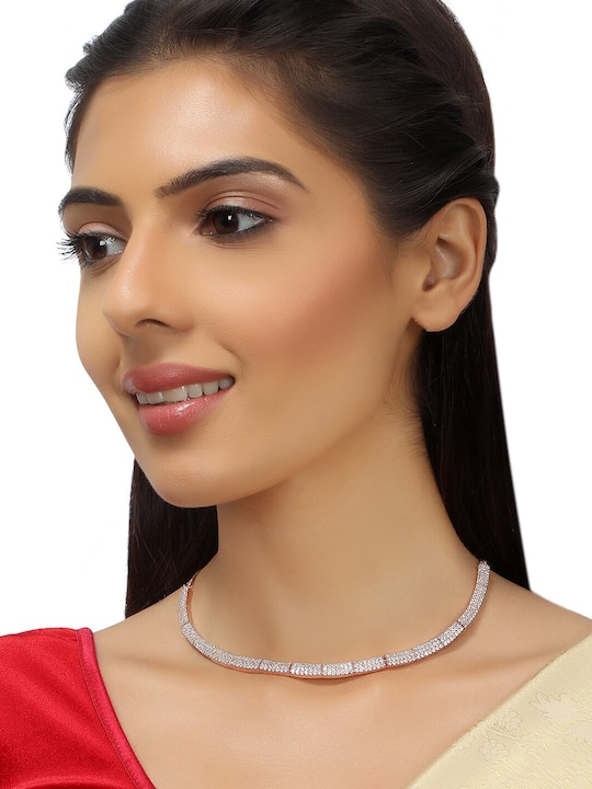 Rose Gold Plated & White AD Studded Brass Choker Necklace With Model
