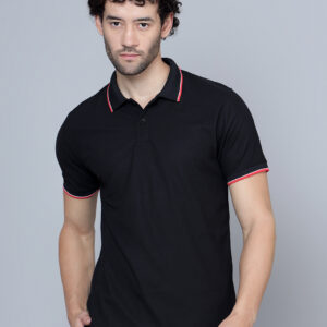 Black Dual Tone Tipping Half Sleeves Flat Collar Pique Knit T-Shirts