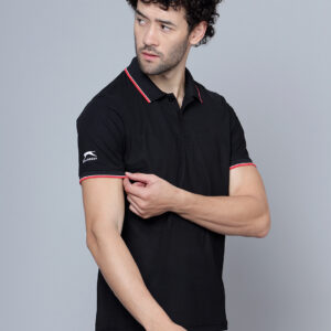 Black Dual Tone Tipping Half Sleeves Flat Collar Pique Knit T-Shirts