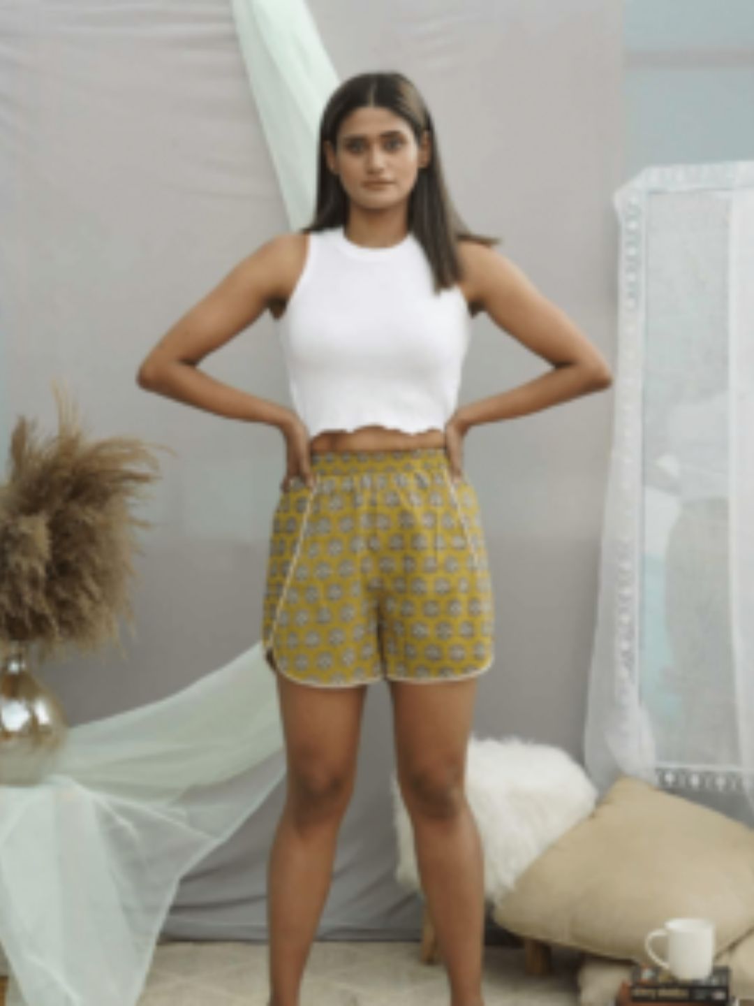 Mustard Bagru Cotton Shorts With Lace