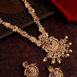 Semi Precious Stones Studded Floral Design Statement Necklace Set With Earrings