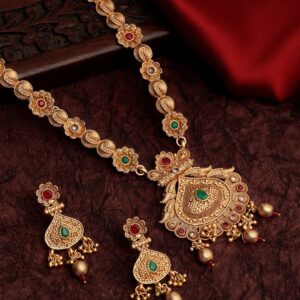 ACCESSHESemi Precious Stones Studded Antique Statement Necklace Set with Dangle Earrings