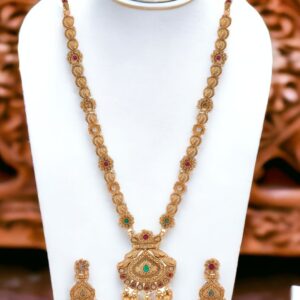 ACCESSHESemi Precious Stones Studded Antique Statement Necklace Set with Dangle Earrings