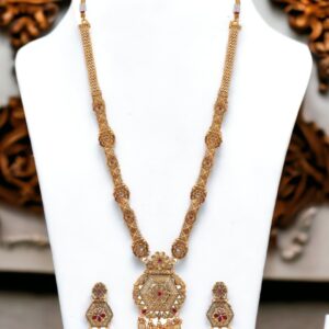 Antique Inspired Matte Gold Plated Semi – Precious Stones Embellished Hexagon Design Pendant Necklace Set with Earrings
