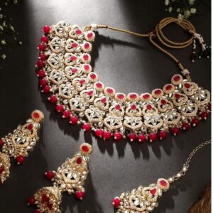 Kundan & Pearl Studded Bridal Choker Necklace Set with Earrings & Maang Tikka