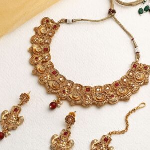 Antique Rajwadi Matte Gold Plated Semi-Precious Stones Studded Statement Necklace with Earrings and Maang Tika