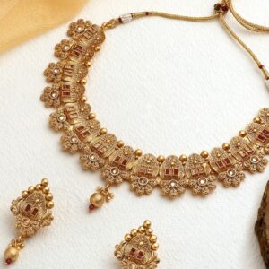 Antique Design Rajwadi Matte Gold Plated Red Stones and Pearls Embedded Floral Statement Necklace with Earrings