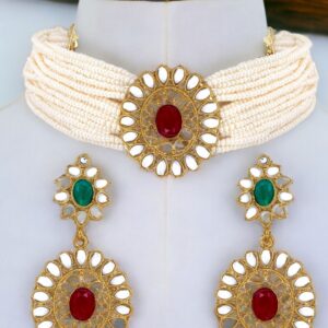 Gold Plated Stylesh Multi Strand Pearl Semi Precious Stone Studded Choker with Round Earrings