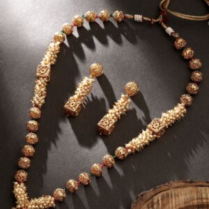 Gold Plated Handcrafted Long Jaipuri Pearl Mala Necklace With Pearl Drop Earrings
