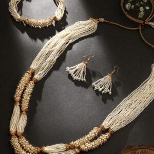Wedding Style Handcrafted Long Multi Strand Pearl Jaipuri Mala Necklace With Earrings