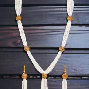 Gold Plated Stylish Wedding Style Handcrafted Long Multi Strand Pearl Jaipuri Mala Necklace With Earrings