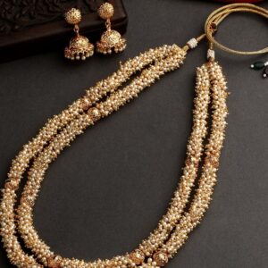Double Layer Pearl and Beads long South Indian Wedding Mala Necklace With Earrings
