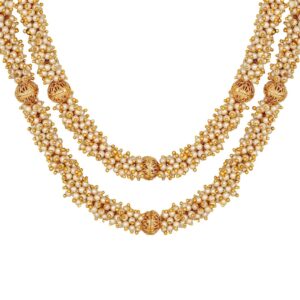 Double Layer Pearl and Beads long South Indian Wedding Mala Necklace With Earrings