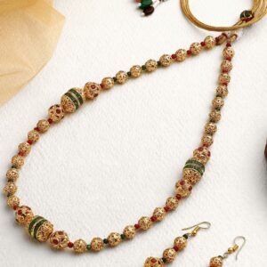 Antique South Indian Bridal Gold Plated Handcrafted Stylish and Delicate Metal Ball Mala Necklace with Earrings
