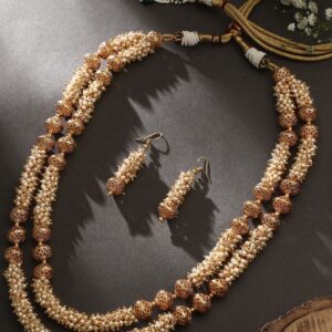 Gold Plated Handcrafted Double Layer Pearl and Beads Long South Indian Wedding Mala Necklace With Earrings