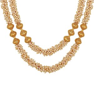 Gold Plated Handcrafted Double Layer Pearl and Beads Long South Indian Wedding Mala Necklace With Earrings