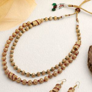 Antique South Indian Bridal Gold Plated Handcrafted Double Layer Stylish Metal Ball Mala Necklace with Earrings