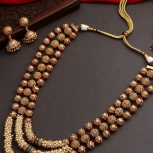 South Indian Bridal Gold Plated Handcrafted Triple Layer Stylish Metal Ball and Pearl Mala Necklace Earrings