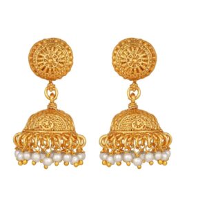South Indian Bridal Gold Plated Handcrafted Triple Layer Stylish Metal Ball and Pearl Mala Necklace Earrings