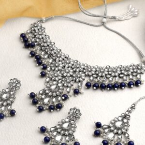 Stones and Kundan Studded Delicate Blue Necklace Set with Dangle Drop Earrings