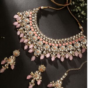 Traditional Handcrafted Faux Kundan & Pearl Studded Peach Necklace Set with Earrings and Maang Tikka