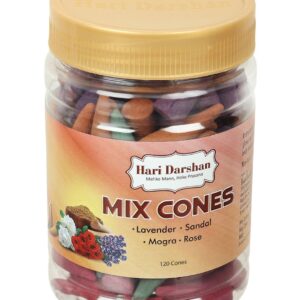 Hari Darshan Dhoop Jar Cones Mix – Lavender Rose Sandal Mogra (120 Cones, 30 of Each)