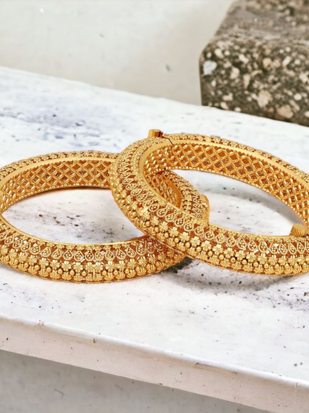 Placeholder ACCESSHER Set of 2 Gold Plated Traditional Rajwadi Jewellery Inspired Ethnic Filigree Style Screw Closure Bangles/Kada/Festive Bangles for Women and Girls