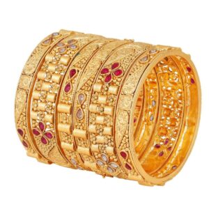 ACCESSHER Matte Gold Plated Ethnic Inspired  Semi Pecious Stones Embedded Floral Design Rajwadi Style Statement Kada/Bangles Pack of 6 for Women and Girls