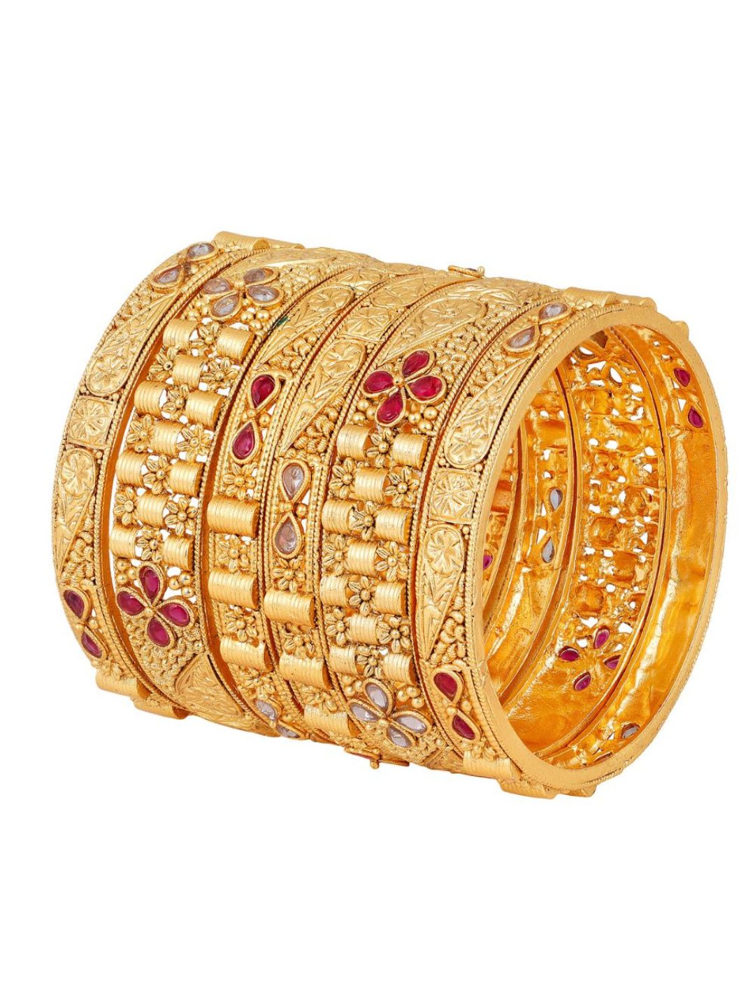 ACCESSHER Matte Gold Plated Ethnic Inspired Semi Pecious Stones Embedded Floral Design Rajwadi Style Statement Kada/Bangles Pack of 6 for Women and Girls