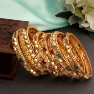 ACCESSHER Stunning Matte Gold Plated and Semi Pecious Stones Embellished Traditional Design Statement Kada/Festive Bangles Pack of 6 for Women and Girls