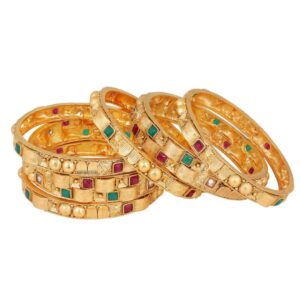 ACCESSHER Stunning Matte Gold Plated and Semi Pecious Stones Embellished Traditional Design Statement Kada/Festive Bangles Pack of 6 for Women and Girls