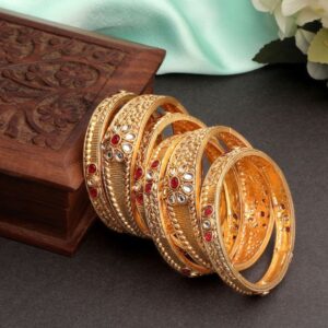 ACCESSHER Matte Gold Plated Antique Inspired Multicolour Semi Precious Stones Studded Floral Design Rajwadi Style Kada/Bangles Pack of 6 for women and Girls