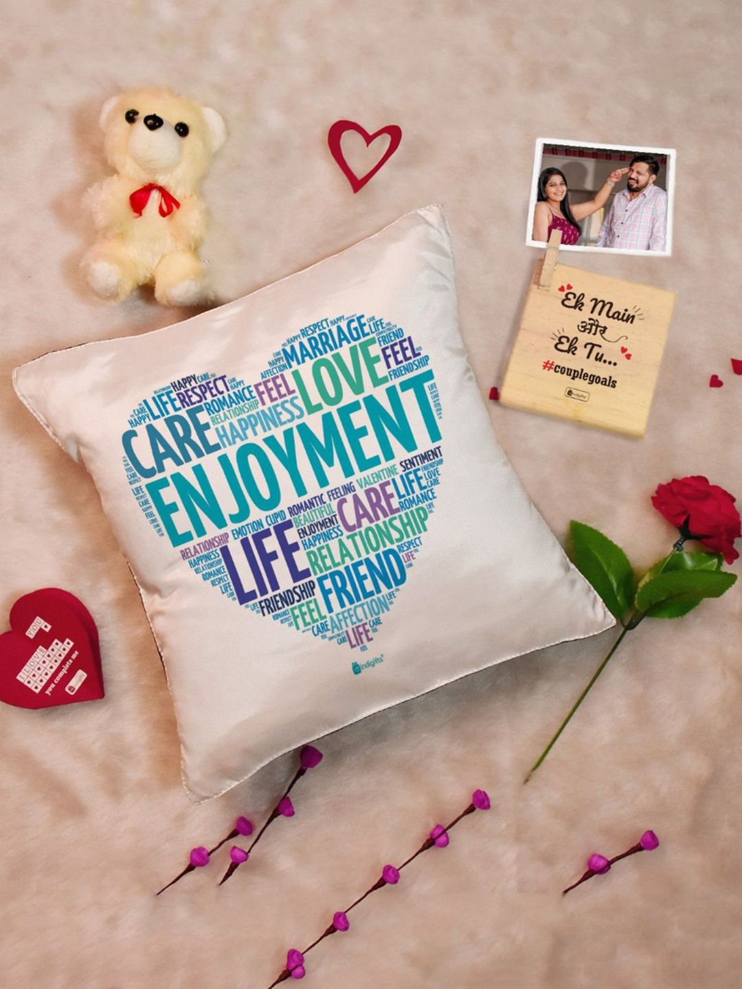 Indigifts Valentine Special Gifts Satin Valentine Love Gifts for Girlfriend Cushion Cover with Filler, Wooden Photo Stand, Teddy, Artificial Rose, Card-for Husband, Wife, Boyfriend, Birthday (12)