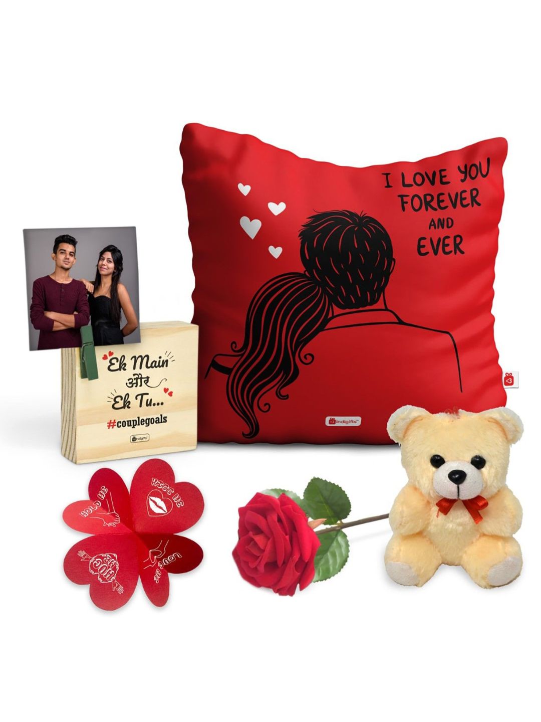 Indigifts Valentine Romantic gift Cotton Cushion Cover with Filler| Wooden Photo Stand| Greeting Card| Teddy| Artificial Red Rose| 12×12 inch| 1 Cushion Cover| 1 Filler|Teddy day Gift Anniversary Gift