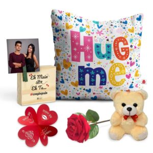 Indigifts Valentine Couple Gifts Box Satin Cushion Cover with Filler, Artificial Rose, Wooden Photo Stand, Card, Teddy Combo Pack (12×12)