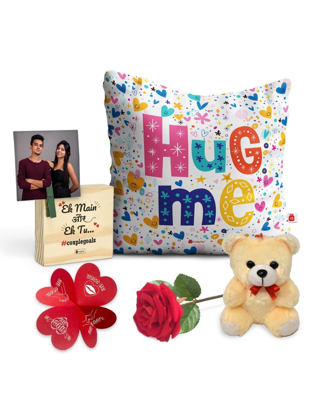 Indigifts Valentine Couple Gifts Box Satin Cushion Cover with Filler, Artificial Rose, Wooden Photo Stand, Card, Teddy Combo Pack (12×12)