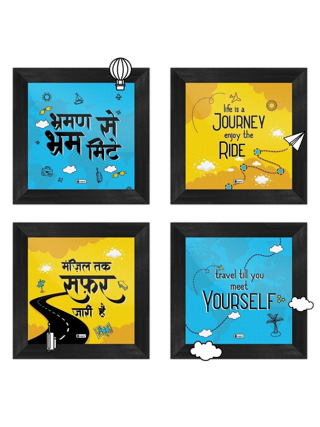 Indigifts Gift Hamper for Travel Lovers Printed Wooden Poster Frame Set of 4 and Sticker, Travel Quotes Frames for Walls, Travel Quotes Frames, Poster Frame Set, Travel Stickers, Wall Decoration