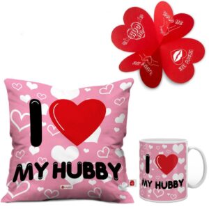 Indigifts Valentine Gift for Husband Special I Love My Hubby Cushion Cover with Filler 12×12 Inches and Coffee Mug 325 ml ,1 Vacuum Packed Conjugated Fiber Filler