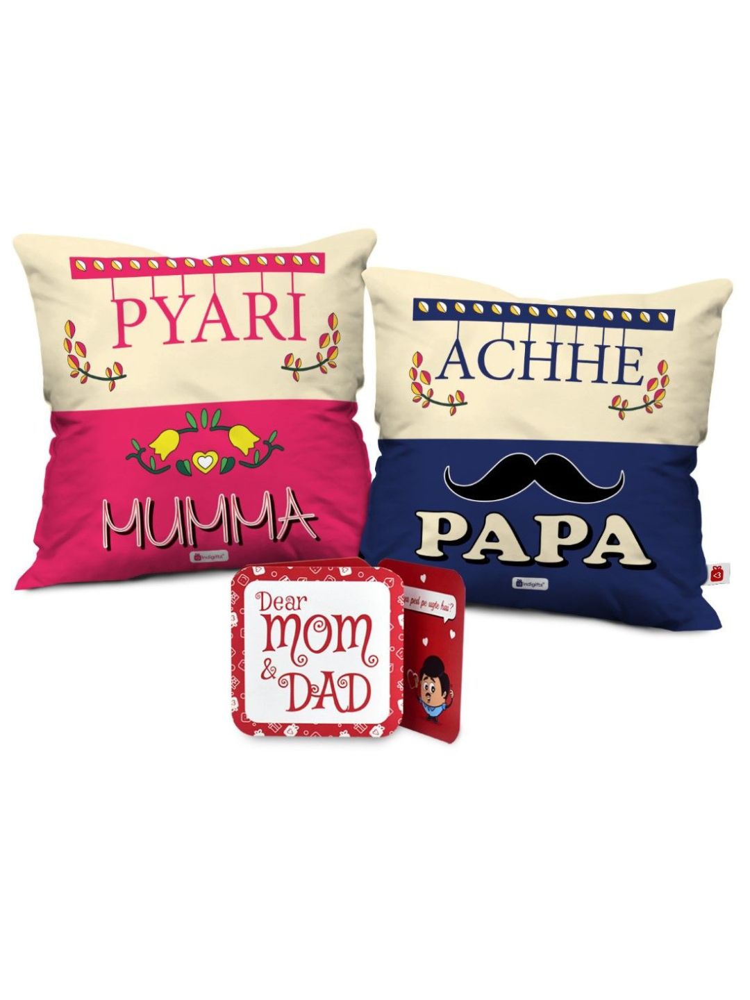 Indigifts Pyari Mummy Ache Papa Printed 12×12 inches Cushions with Filler| Set of 2| Multicolour| Polycotton|Home Decor| Mom Dad Gift | Gift for Parents | Mummy Birthday Gifts | Mothers Days Gifts