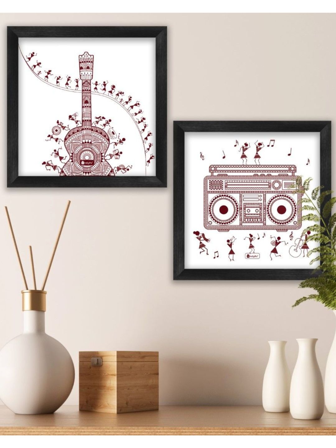 Indigifts Wall Decor For Living Room Music Lover Artistic Design Digital Print Poster Frames 6″x6″ Set of 2 – Home Wall Decorations Items, Diwali Home Decoration Items, Warli Art Posters Frame