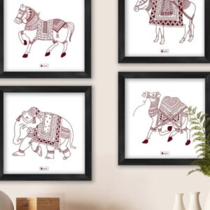 Indigifts Wall Decor for Living Room Animal Ethnic Design Digital Print Poster Frames 6″x6″ Set of 4 – Home Wall Decorations Items, Diwali Home Decoration Items, Warli Art Posters Frame
