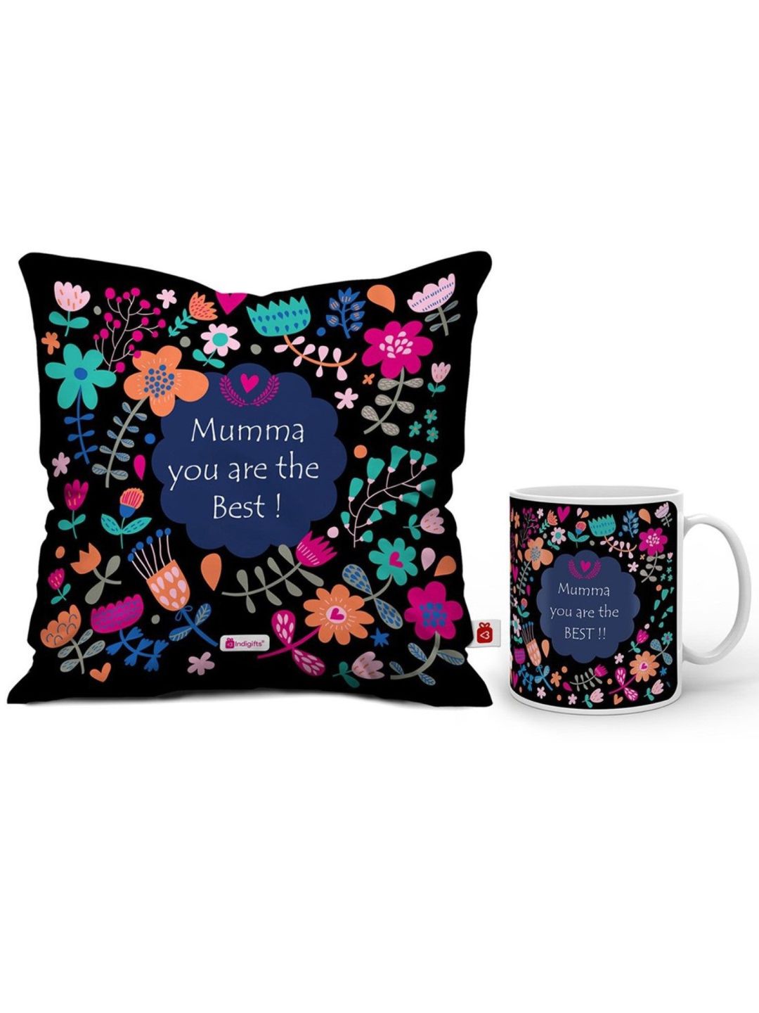 Indigifts Satin Mug and Cushion Cover with Filler – 1 Mug 1 Cushion Cover| 12×12 inches| 1 Pack Filler | MATERIAL – CUSHION : Soft Poly Satin| Black Colored Cotton Overlap Envelop Backing