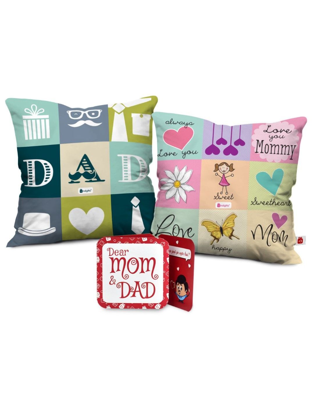 Indigifts Love You Dad Love You Mom Printed Cushions with Filler| 12×12 inches| Multicolour| Set of 2| Polycotton|Home Decor| Mom Dad Gift | Gift for Parents | Mummy Birthday Gift