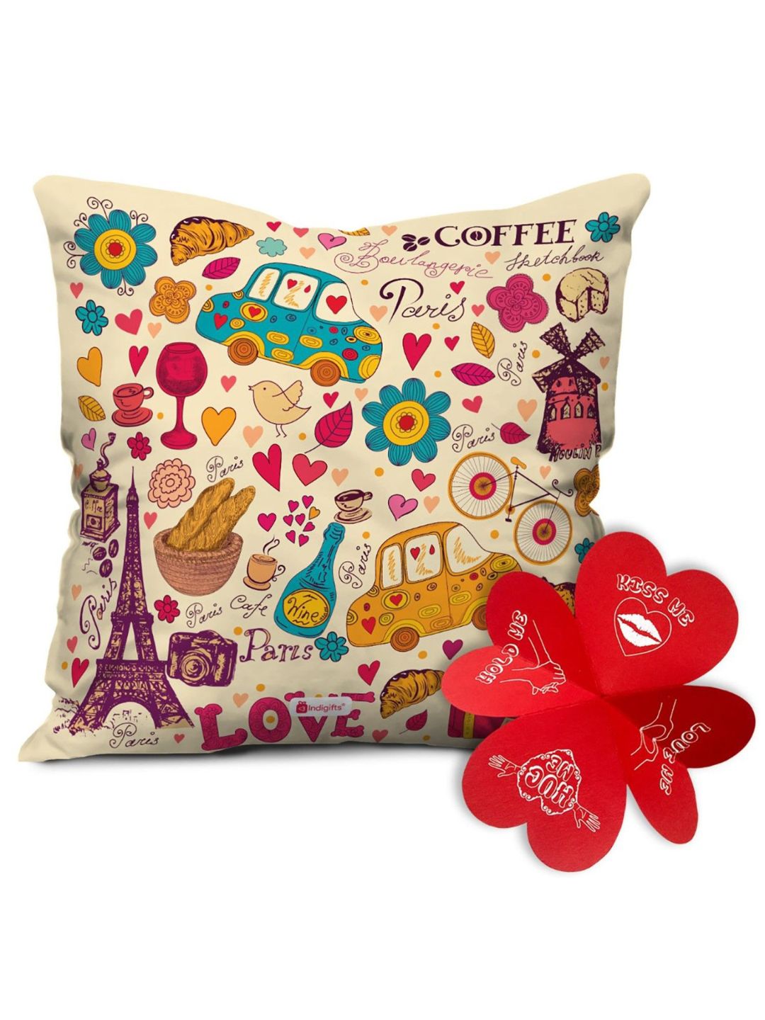 Indigifts Printed Cushion Cover with Filler | Paris Theme Print | Polysatin | 12×12 Inches | Comfortable Multicolor Cushions Soft Decorative Pillows | Unique Quirky Gifts | Valentine Gifts