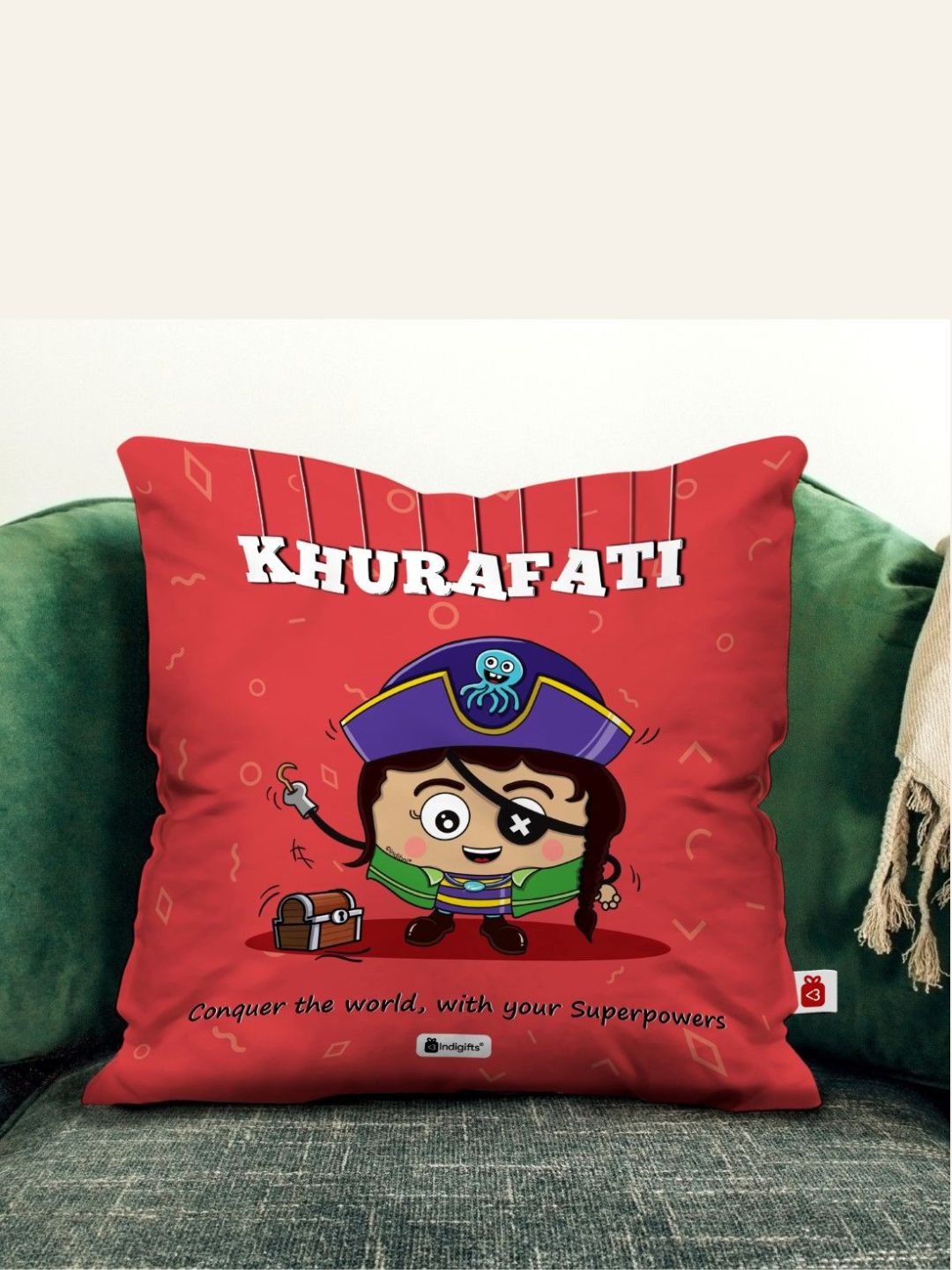 Indigifts Satin Khurafati Printed Cushion Cover 12 x12 Inch with Filler (Red)