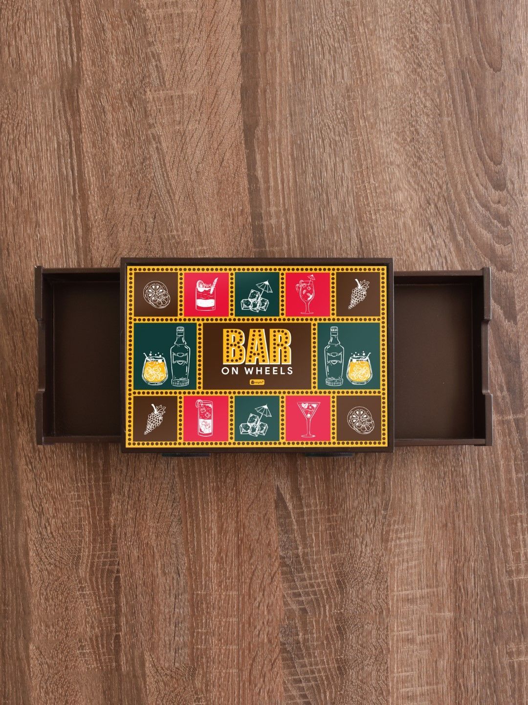 Indigifts Wooden Bar Trolly for Home Bar On Wheels Quotes Printed Bar Trolley – Wooden Bar Trolley| Bar Table Trolley| Bar Tray for Gifts| Serving Bar Tray for Decorations| Gifts Set for Friends