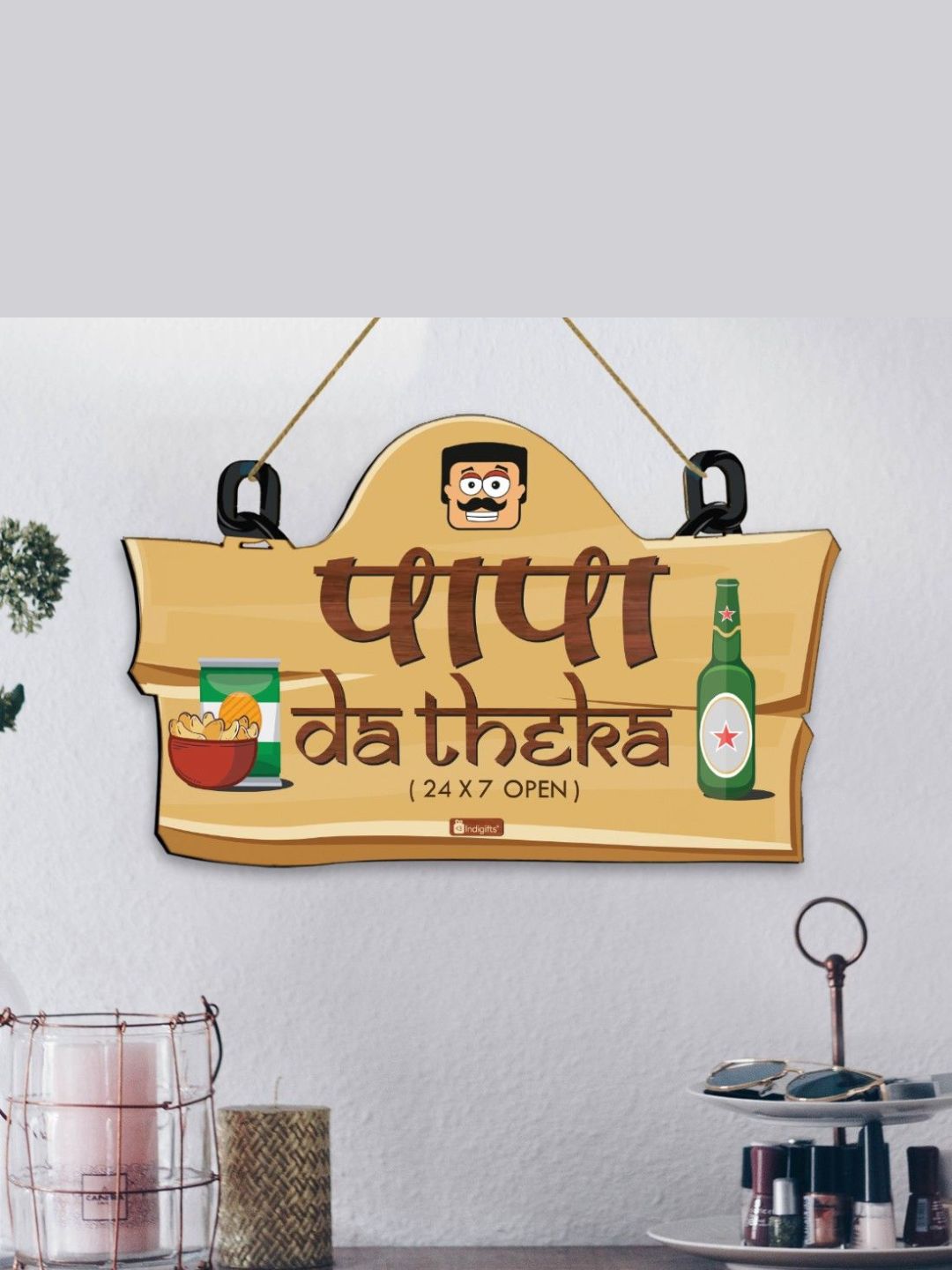 Indigifts Papa Da Theka Wooden Wall Hanging for Kitchen 11.05×7 Inches Papa-Father in Law-Birthday| Parents| Kitchen Door Sign| Father Gift | 1 “Papa Da Theka” Printed Designer Wall Hanging